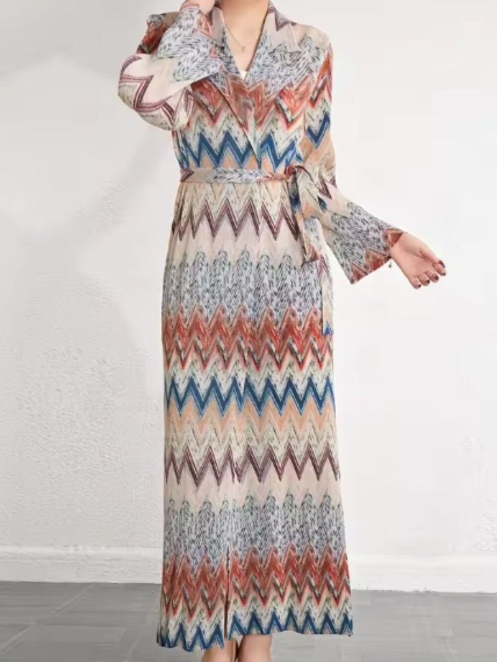Multi-Color Boho Chevron Pleated Trench Duster Jacket with Belt - One Size - Picture 10 of 15